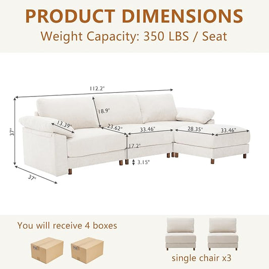 Oversized L Shaped Sectional Couch for Living Room, Extra Large Deep Seat Modular Sectional Sofa with Washable Covers, Modern Cloud Couch for Apartment, Bedroom (Beige, L Shape 4 Seat)