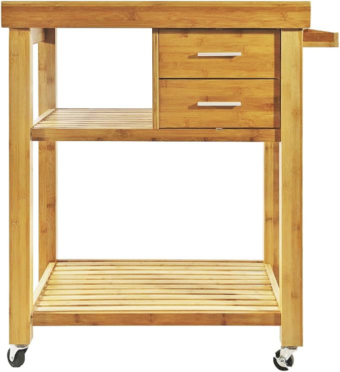 Rolling Kitchen Island Cart with Drawers Shelves, Towel Rack, Locking Casters, Butcher Block Food Prepping Cart Trolley on Wheels, Bamboo Wood