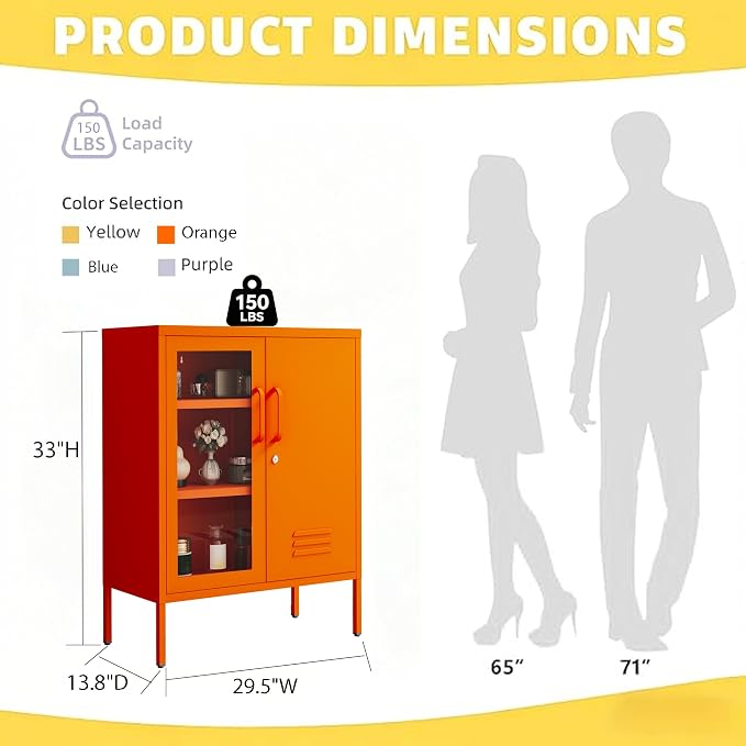 Metal Cabinet Metal Bathroom Storage Cabinet Metal Storage Cabinets with Glass Door and Adjustable Shelves Cabinet Storage for Coffee Bar for Homes, Living Rooms and Offices Orange 33''H