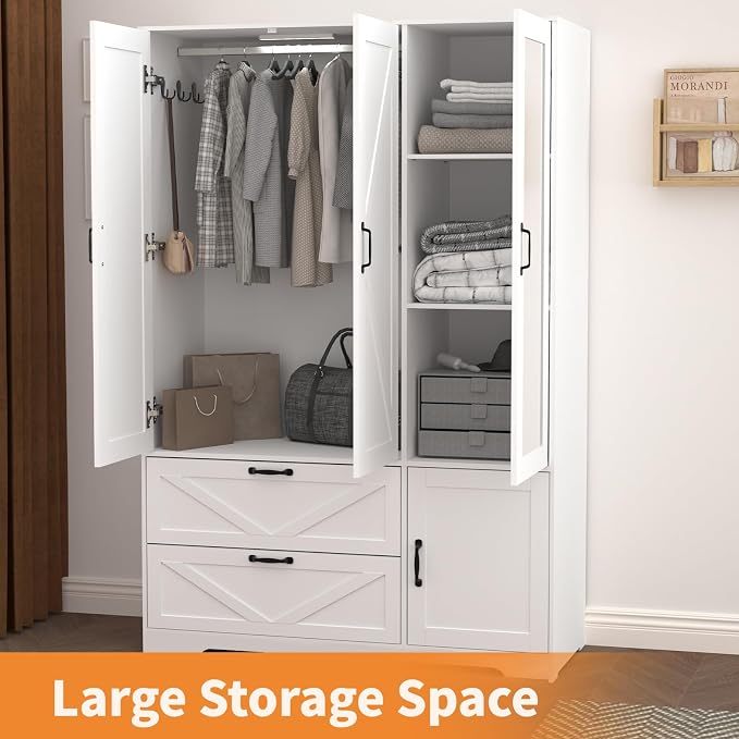 Armoire Wardrobe Closet with 3 Door, Bedroom Armoire with Mirror, LED Light, Hanging Rod, Drawers,Adjustable Shelves,Large Capacity Closet for Bedroom,47.2L,White