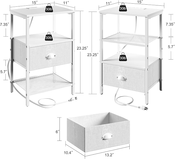 sthmec Nightstands with Charging Station, LED Bedside Tables with Charging Station and Fabric Drawer, Night Stand with Storage, 3 Tier Side Table with Open Shelf, LED Nightstand Bedside Table,White