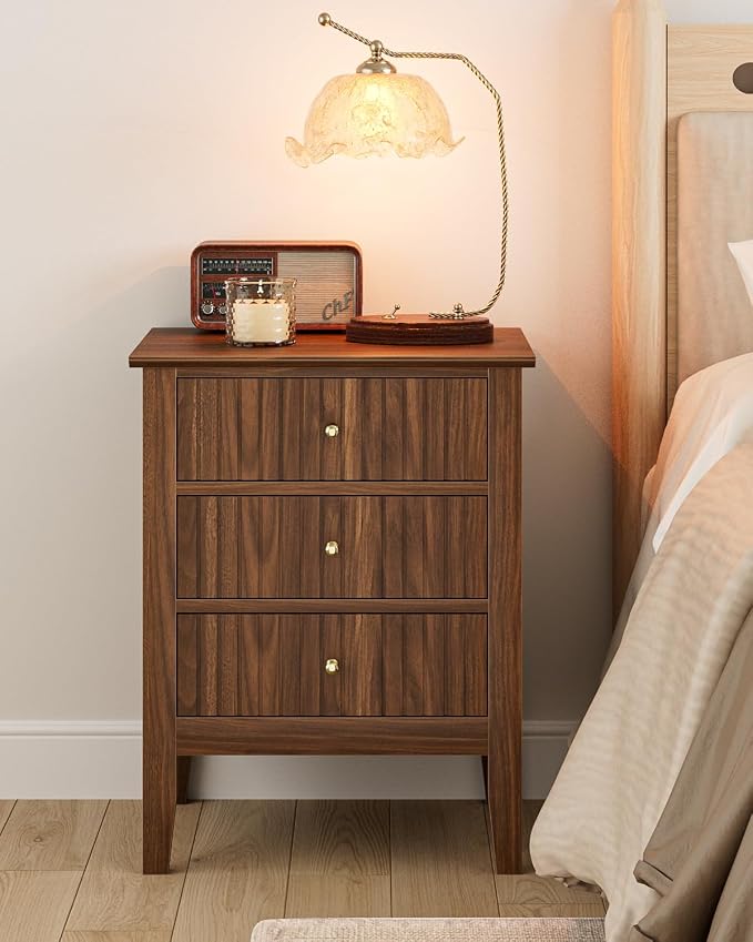 Nightstand Vintage, Fluted Night Stand Tall Farmhouse Beside Table with 3 Drawers, Mid Century Modern Side Accent Table,Bedside End Table for Bedroom, Walnut