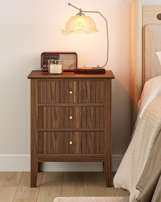 Nightstand Vintage, Fluted Night Stand Tall Farmhouse Beside Table with 3 Drawers, Mid Century Modern Side Accent Table,Bedside End Table for Bedroom, Walnut