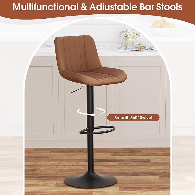 JAMFLY Modern Leather Bar Stools – Swivel & Height-Adjustable Bar Chairs with Footrest, Ergonomic Design for Kitchen Island, Home & Commercial Bar – Set of 4, Brown