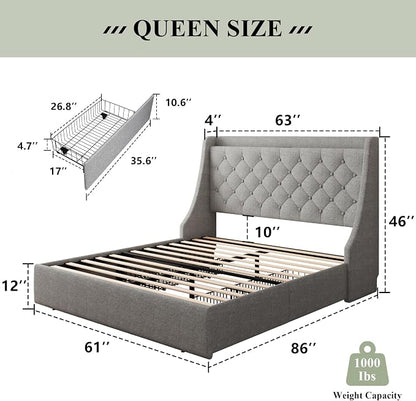 Feonase Queen Size Bed Frame with 4 Storage Drawers, Upholstered Storage Bed with Charging Station, Tufted Wingback Headboard, No Box Spring Needed, Light Grey, FEO737