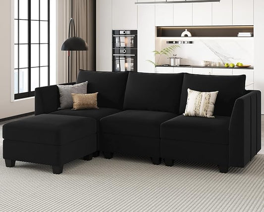 Belffin Convertible Sectional Sofa with Chaise Velvet L Shaped Sofa Couch Modular Sectional Sofa with Storage Black