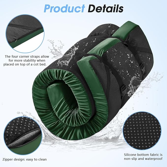 CYMULA 3 Inch Memory Foam Camping Pad, Camping Essentials Roll Up Floor Mat for Car Camping, Cot, Tent, Truck, Travel and Guest Use, Non-Slip Waterproof Bottom, Removable Cover