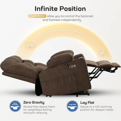 Tami Tami Dual Motor Power Lift Chair Recliner for Elderly with Massage and Heat, Infinite Position Electric Lift Recliner with USB A&C, Cup Holders (T6012 - Linen Fabric, Brown, Oversized)