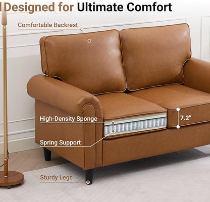 Kingfun Loveseat 2 Seater Couch, Mid Century Modern Faux Leather Sofa with Rolled Arms and Deep Seats, Fluffy Comfort for Living Room, Apartment, Easy Assembly, Brown