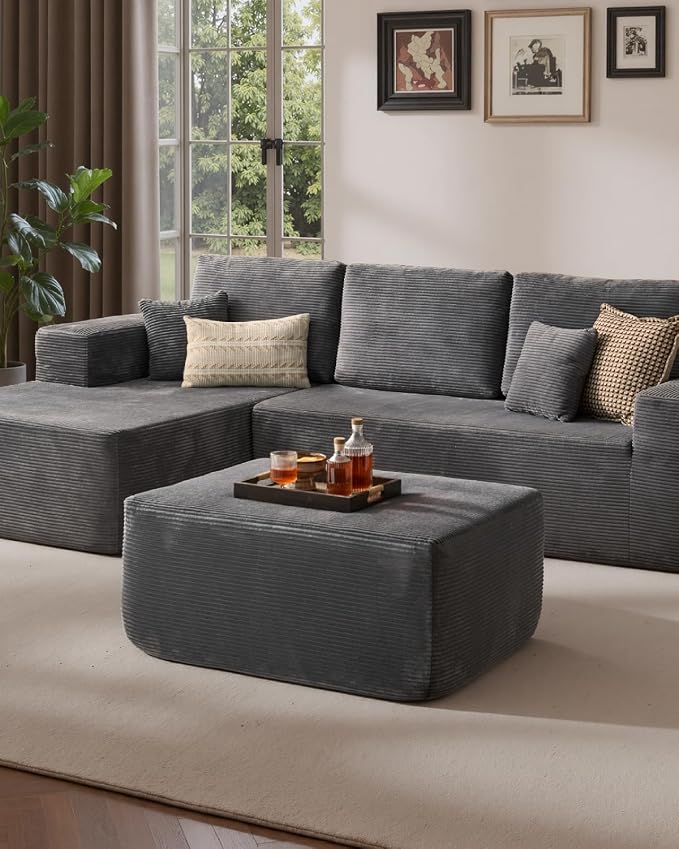 37" Plush Boneless Ottoman, Upholstered Cloud Footrest for Boneless Couch in a Box,Oversize Poufs for Living Room & Bedroom Sofa Ottoman,Comfy Seating with Dense Foam, Grey (Corduroy Fabric)