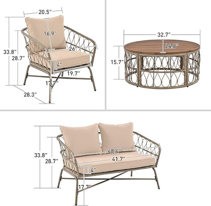 VilroCaz Bohemia-Inspired 4-Person Outdoor Seating Group with Loveseat, 2 Chairs and Table, All Weather Conversation Patio Set with Wood Tabletop and Washable Cushions for Backyard Poolside Garden