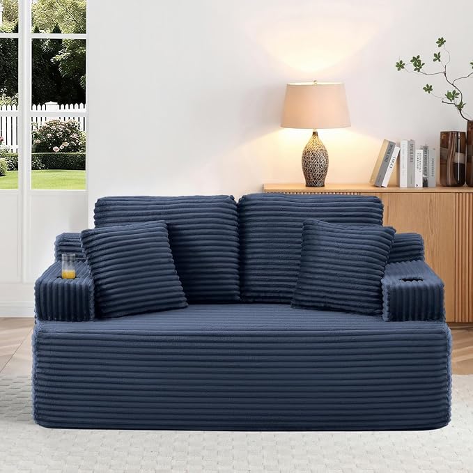 66.5'' Boneless Sofa Couch with Cup Holders & Side Pockets, Modern Corduroy Fabric Upholstered Loveseat Couch with 2 Throw Pillows for Living Room Office, No Assembly (Blue)