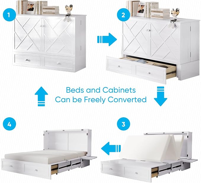 Mjkone Queen Size Murphy Cabinet Bed with Tri-Fold Mattress, Multi-Functional Cube Cabinet Bed, Mobile Wall Beds Chest with Storage Drawers and USB Charging Station for Bedroom Office, White