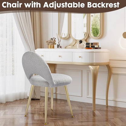 Vanity Chair with Backrest, Boucle Upholstery Armless Makeup Stool, Gray Vanity Stool with Gold Metal Legs for Bedroom Living Room Kitchen Dinning Room (Gold and Light Gray)