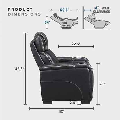 Lexicon Power Double Reclining Sofa, Center Drop-Down Table with Heat/Massage/Headrest/Storage Arms/Cup Holders/LED Lights/Wireless Charging, Top Grain Leather Match Wall Hugger Recliner Sofa, Black