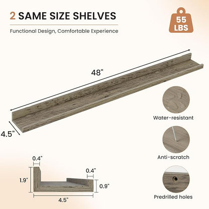 Dreamland Picture Ledge Shelf for Wall, Floating Shelves Set of 2,48 inch Long Floating Shelves with Lip for Living Room,Bedroom,Bathroom,Kitchen,Grey