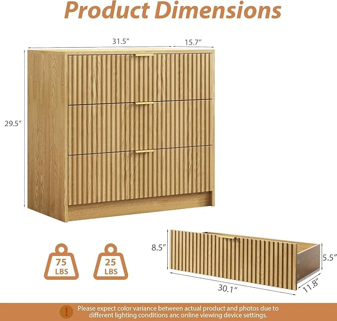 MAISONARIA 3-Piece Dresser Bedroom Set, 8 Drawer Dresser & 3 Drawer Nightstands with Gold Handles, Fluted Wood Chest of Drawers for Bedroom, Living Room, Entryway, Natural