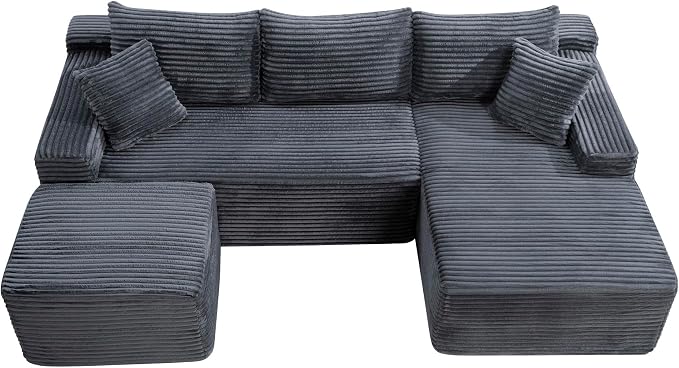 106-Inch Oversized U-Shaped Right Facing Corner Compressed Sofa Modular Boneless Cloud Sectional Sofa Floor Foam Couch W/Chaise & Ottoman, Corduroy Corner Boneless Cloud Couch
