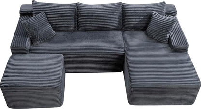 106-Inch Oversized U-Shaped Right Facing Corner Compressed Sofa Modular Boneless Cloud Sectional Sofa Floor Foam Couch W/Chaise & Ottoman, Corduroy Corner Boneless Cloud Couch