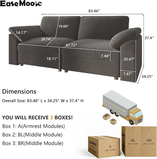 EASE MOOSE Comfty 2 Seat Couch, Extra Large Modern Deep Seat Sectional Modular for Living Room,Removable Washable