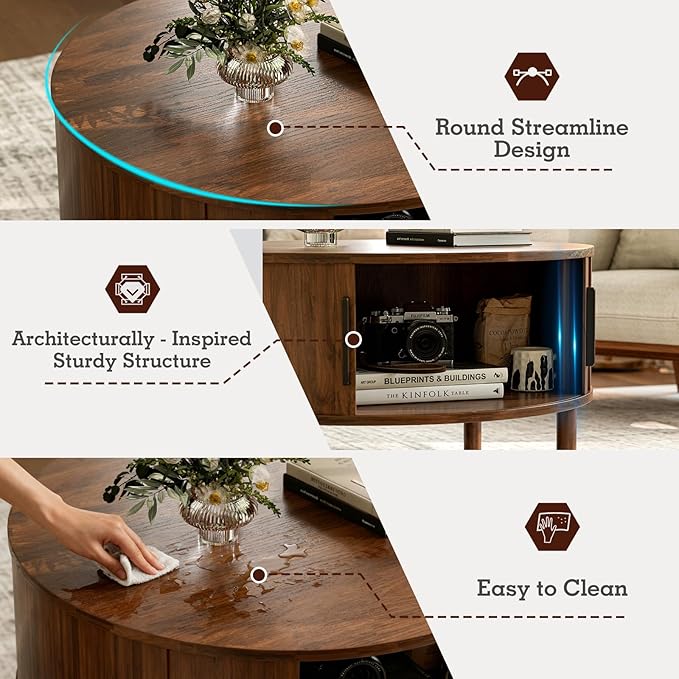 ZttRiee Round Coffee Table with Sliding Doors, Mid-Century, Walnut | Ø30.0"D x 16.3"H, 200 lbs capacity, dual sliding-door storage, ~45 min assembly