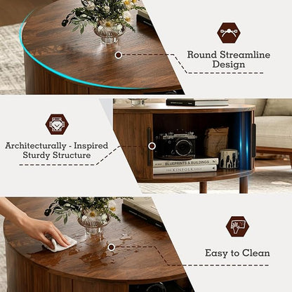 ZttRiee Round Coffee Table with Sliding Doors, Mid-Century, Walnut | Ø30.0"D x 16.3"H, 200 lbs capacity, dual sliding-door storage, ~45 min assembly