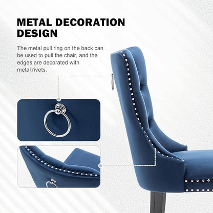Hixkol Velvet Dining Chairs Set of 2,Upholstered Dining Chairs with Ring Pull Trim and Button Back,Modern Seating for Kitchen, Bedroom & Living Room(Blue)
