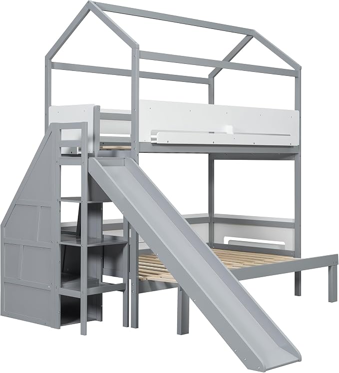 Harper & Bright Designs Twin Over Full House Bunk Bed with Trundle and Slide, Metal Bunk Bed with Bookshelf and Stairs for Kids Teens Adults, Space Saving, No Box Spring Needed, Gray+White