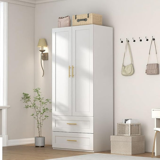 White Wardrobe with 2 Doors: 75" Tall Armoire Wardrobe Closet with 2 Drawers, Bedroom Closet Cabinet for Hanging Clothes, Wooden Storage Armoire with Shelves (Contemporary, 1)