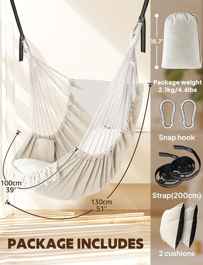 Chihee Hammock Chair Hanging Swing 2 Pillows Included,Strong Webbing Straps and Hooks for Easy Hanging Soft Cotton Hanging Chair Side Pocket Tassel Chair Comfort Indoor Outdoor
