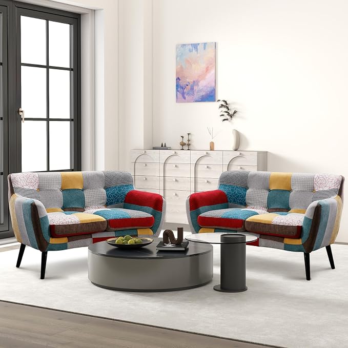 Bonzy Home Modern Boho Loveseat Couch Sofa Chair Set of 2 for Living Room Bedroom, Upholstered Colorful Plaid Fabric 2-Seat Love Seat Sofa with Wood Leg for Small Space