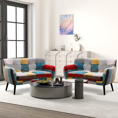 Bonzy Home Modern Boho Loveseat Couch Sofa Chair Set of 2 for Living Room Bedroom, Upholstered Colorful Plaid Fabric 2-Seat Love Seat Sofa with Wood Leg for Small Space