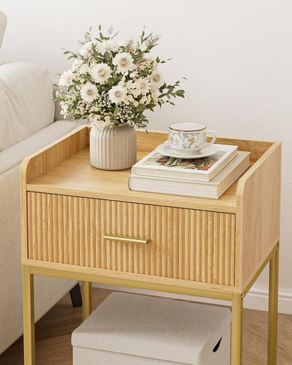 Nightstand, 3-Tier Bed Side Table, Small End Table, Night Stand with Open Shelf and Drawer, Bedside Table for Bedroom, Living Room, Oak