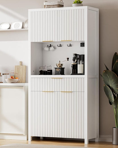 Lulive White Fluted Pantry Cabinet with Charging Station, Adjustable Shelves, Spacious Kitchen Storage Organizer with Open Countertop, Kitchen Hutch with Storage Drawers for Dining & Living Room | Adjustable Shelves, Open Countertop, Drawer, Spacious K...
