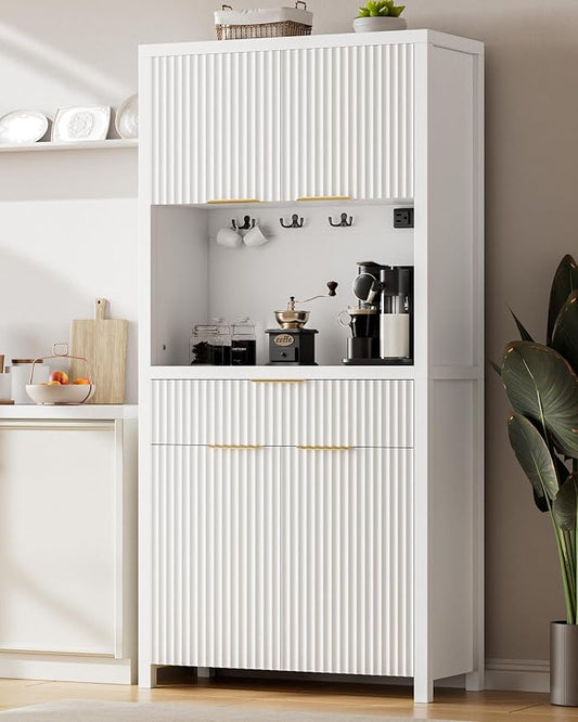 Lulive White Fluted Pantry Cabinet with Charging Station, Adjustable Shelves, Spacious Kitchen Storage Organizer with Open Countertop, Kitchen Hutch with Storage Drawers for Dining & Living Room | Adjustable Shelves, Open Countertop, Drawer, Spacious K...