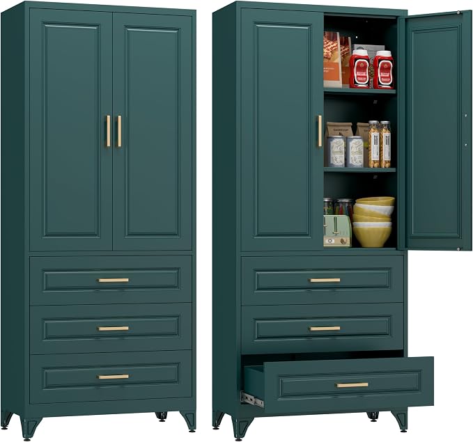 Polup 75" Tall Metal Storage Cabinet with Doors and Shelves, Heavy Duty Green Kitchen Pantry Cabinet with 3 Drawers, Freestanding Food Cupboard Storage Organizers for Laundry, Garage, Dining Room