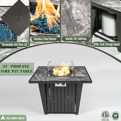 32" Propane Gas Fire Pit Table, 50,000 BTU Square Outdoor Fire Pit with Ceramic Tile Top & Glass Wind Guard, Steel Patio Fire Table with Lid, Blue Glass Beads & Rain Cover, Gray