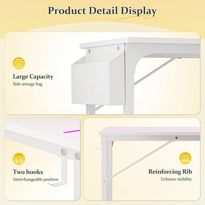 DurayLoly 40" Computer Desk with Waterproof LED Lights,Bedroom Study Desk for Teens,Dorm Room Essentials,Headphone Hook&Storage Bag for Small Spaces,Sturdy Metal Frame,White