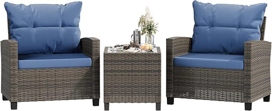 Shintenchi 3 Pieces Patio Furniture Set 3 Pieces PE Rattan Wicker Chairs with Table Outdoor Furniture for Backyard/Garden/Poolside/Outdoor Restaurant Gary Rattan with Blue Cushion