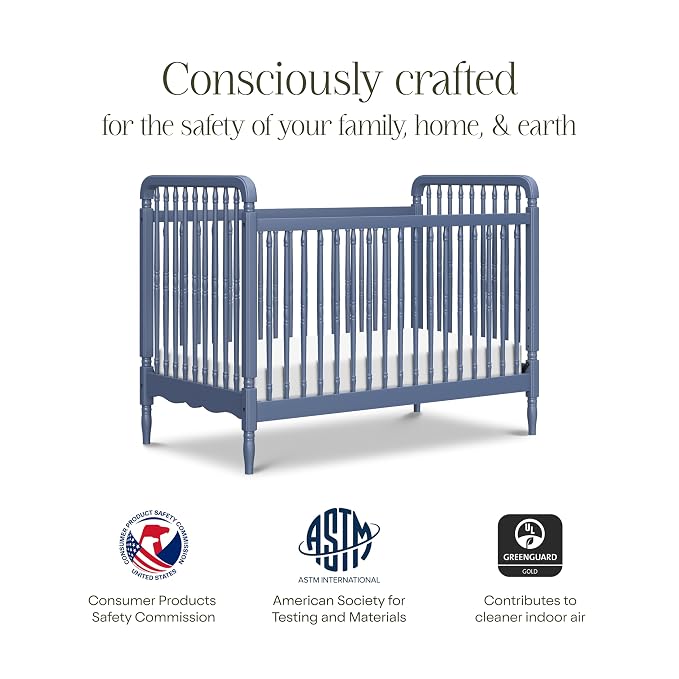 Namesake Liberty 3-in-1 Convertible Spindle Crib, Cove Blue | GREENGUARD Gold & FSC Certified, Converts to Toddler Bed & Daybed, 4 Adjustable Heights, Toddler Conversion Kit Included