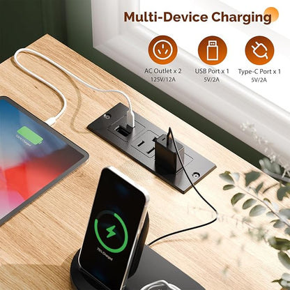 VINGLI Nightstands Set of 2 with Fabric Drawer, Fluted Nightstand with Charging Station, Oak Night Stand Set 2 Bed Side Tables, End Tales Bedroom with Charger Station, 14.96"W*11.81"D*23.7"H, 2 pcs