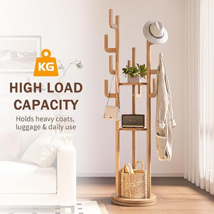 Yoobure Rotary Coat Rack Freestanding - Solid Wood Coat Tree with 9 hooks & 3 Storage Shelves for Purse, Bag, Jacket, Hat, Corner Hanger Stand Racks for Hall, Entryway, Office, Modern Clothes Holder