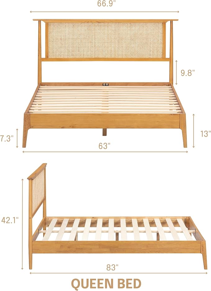 NTC Ruby Wooden Bed Frame with Headboard and Natural Rattan, Solid Oak/Rubber Wood Foundation with Silent Slats, 1000 Lb Capacity, Effortless Assembly (Natural Cane - Rustic Oak, Queen)