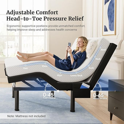 Tami Tami T600 Adjustable Bed Frame Queen Size with Remote & Massage - Electric Beds Bases, Zero Gravity, Dual Side USB, Side Pockets, Nightlight, Quiet Motor, Wireless Remote, 5 Min Easy Assembly