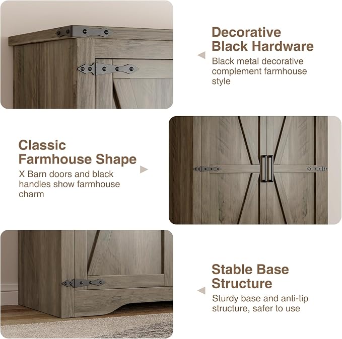 Befrases Farmhouse Rustic Grey Storage Cabinet with Adjustable Shelves, Large Pantry Organize with 2 Barn Doors, Tall Freestanding Cabinet for Kitchen, Bathroom, Garage, Living, Utility Room