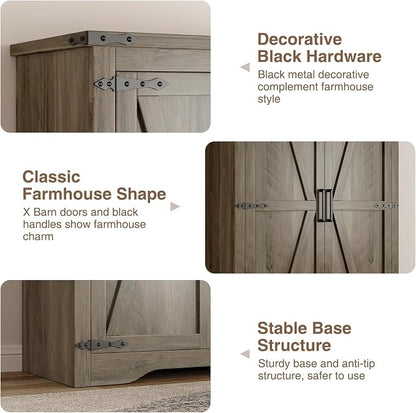 Befrases Farmhouse Rustic Grey Storage Cabinet with Adjustable Shelves, Large Pantry Organize with 2 Barn Doors, Tall Freestanding Cabinet for Kitchen, Bathroom, Garage, Living, Utility Room