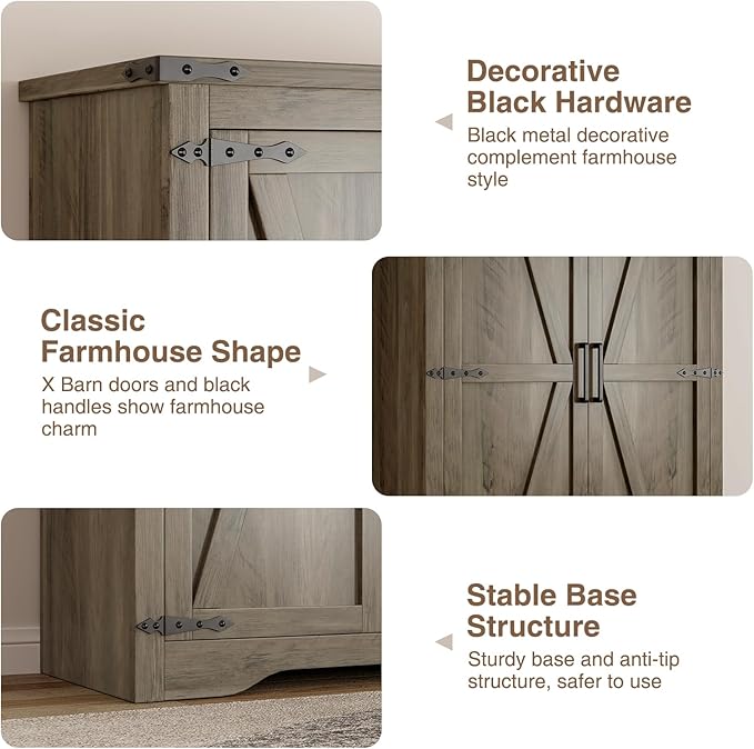 Befrases Set of 2 Farmhouse Rustic Grey Storage Cabinet with Adjustable Shelves, Large Pantry Organize with 2 Barn Doors, Tall Freestanding Cabinet for Kitchen, Bathroom, Garage, Living, Utility Room