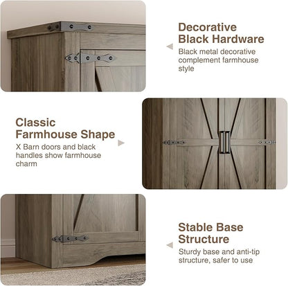 Befrases Set of 2 Farmhouse Rustic Grey Storage Cabinet with Adjustable Shelves, Large Pantry Organize with 2 Barn Doors, Tall Freestanding Cabinet for Kitchen, Bathroom, Garage, Living, Utility Room
