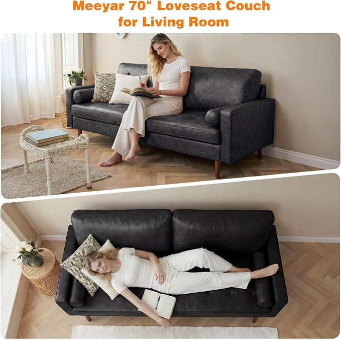70" Mid-Century Modern Sofa Couch – Faux Leather Loveseat Sofa with Deep Seat & Solid Wood Frame – Includes 2 Accent Pillows – Black Living Room Bedroom Office (Black, 70 inches)