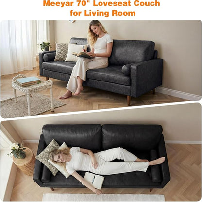70" Mid-Century Modern Sofa Couch – Faux Leather Loveseat Sofa with Deep Seat & Solid Wood Frame – Includes 2 Accent Pillows – Black Living Room Bedroom Office (Black, 70 inches)